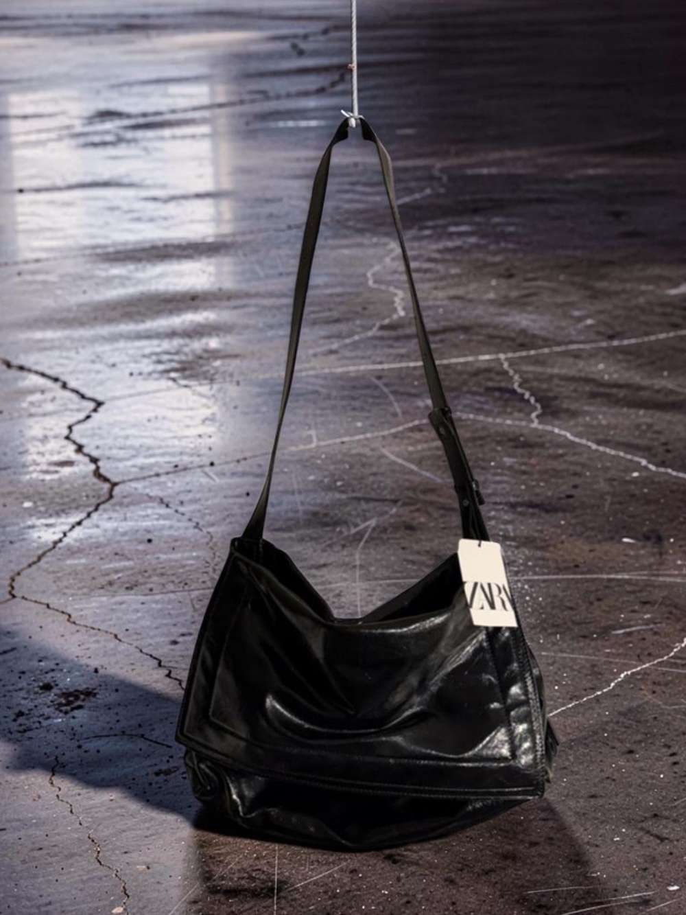 Zara Black Shiny Hobo Shoulder Bag